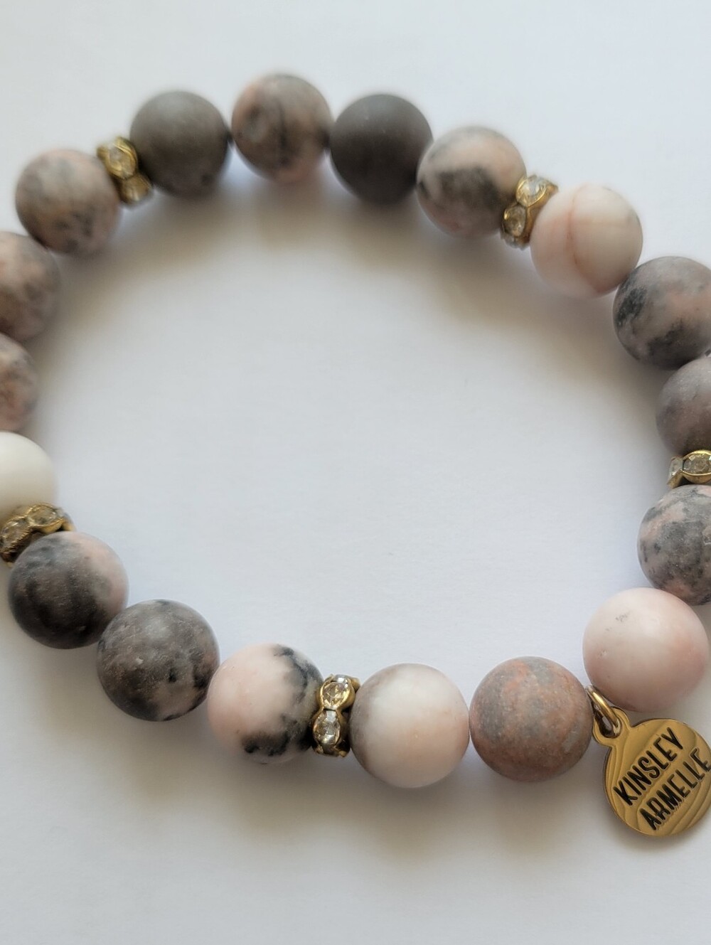 Kinsley Armelle Pink&Gray Zebra Jasper Priscilla Bracelet W/ Gold Charm "NEW"
